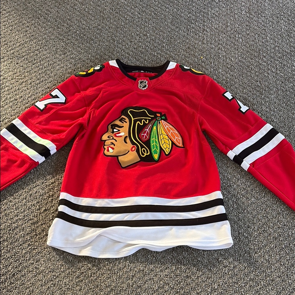 Adidas Red and White Hockey Jersey worn by Kirby Dach
